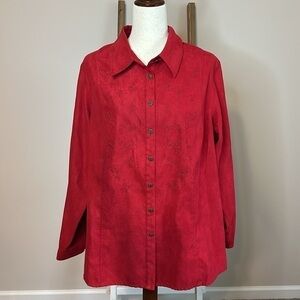 Napa Valley Red Button Down Suede Like Top with Embroidery and Beads Size 1X GUC